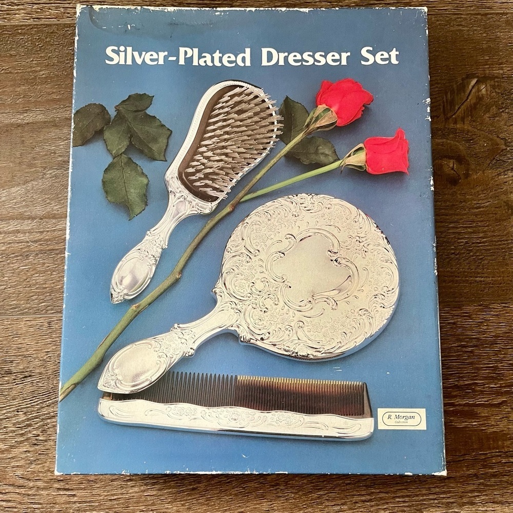 Vintage Silver-Plated Mirror Brush Comb Vanity Dresser 3-Piece Set - Picture 1 of 11